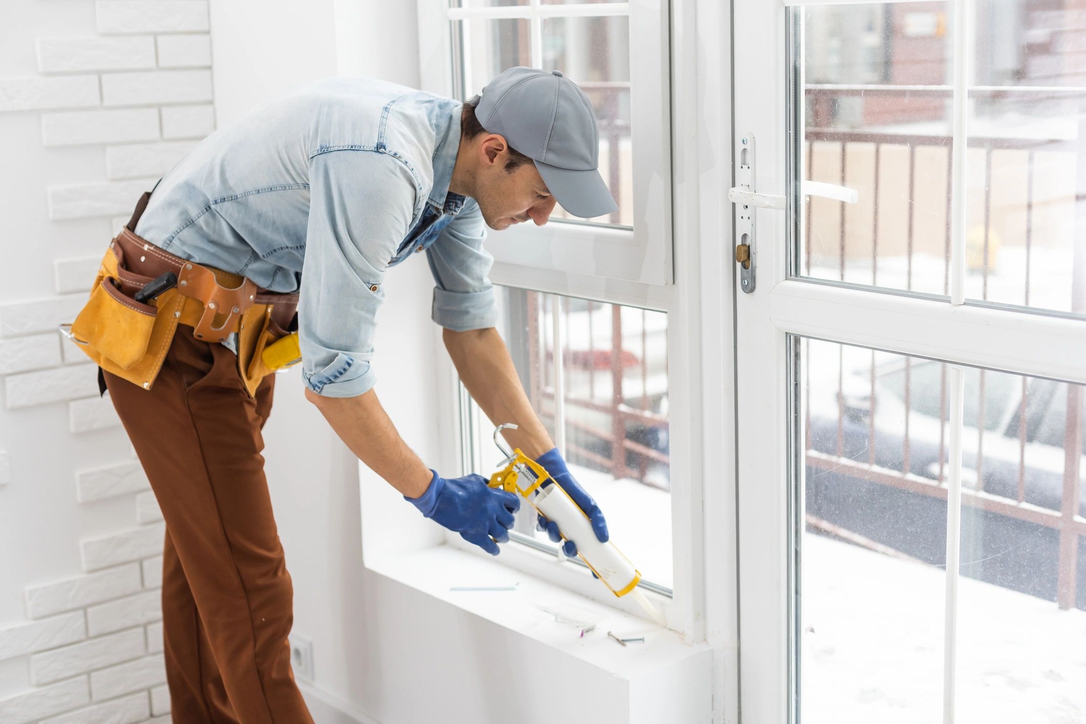 Person cleaning a window with a cloth and spray bottle.