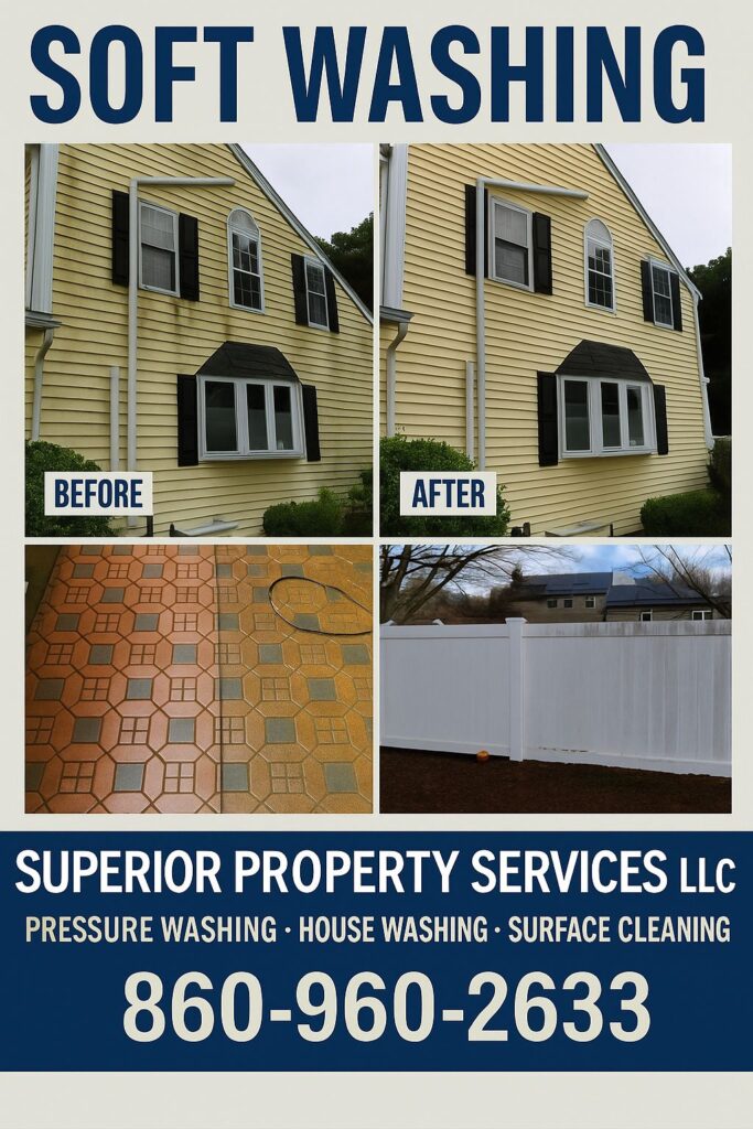 Before and after photos of house cleaning and fence installation by Superior Property Services LLC.