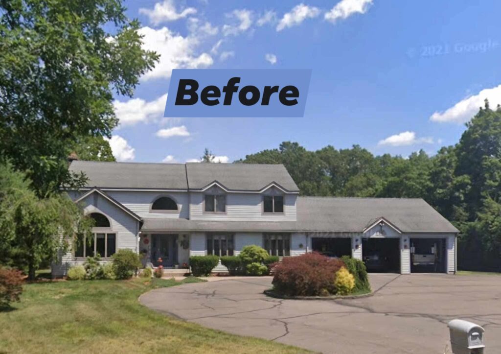 A large two-story house before renovation on a sunny day.